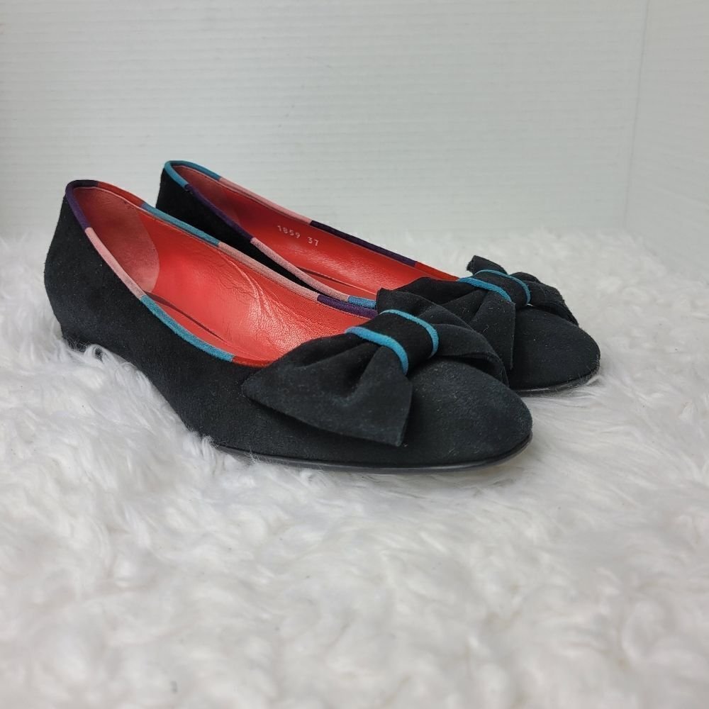 Pas De Rouge Womens Ballet Flats Size 6.5 Black Suede Bow Accent